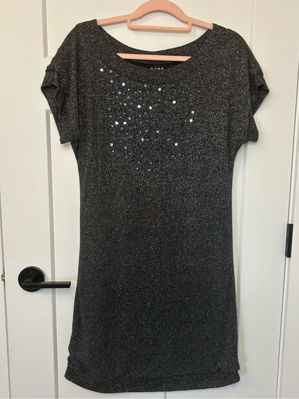 BCBG Paris Metallic Silver Shift Dress Sz L Sequin Detail Sparkle